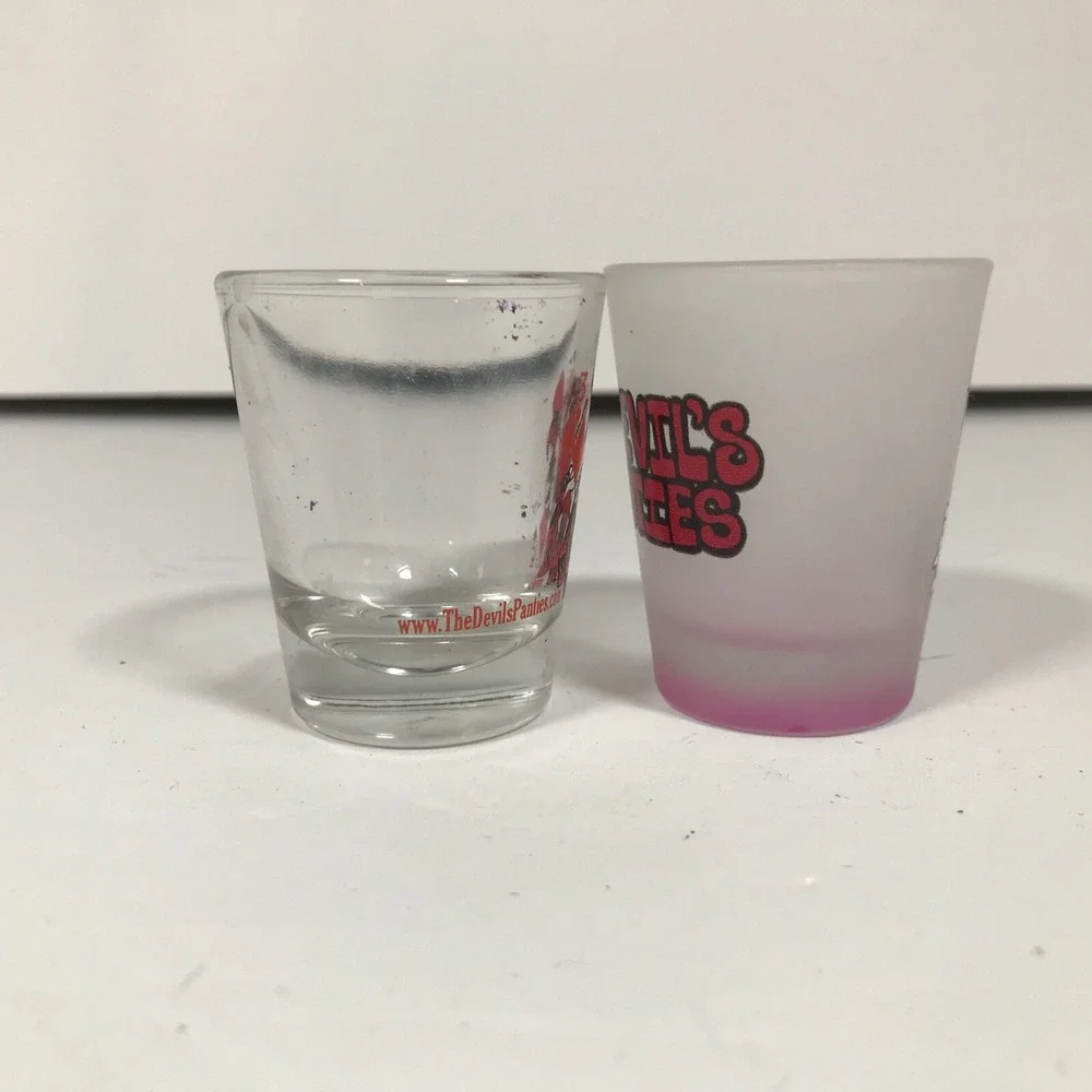 The Devils Panties Comic Shot Glass Set Clear Frosted Pink Fairy Graphic Barware
